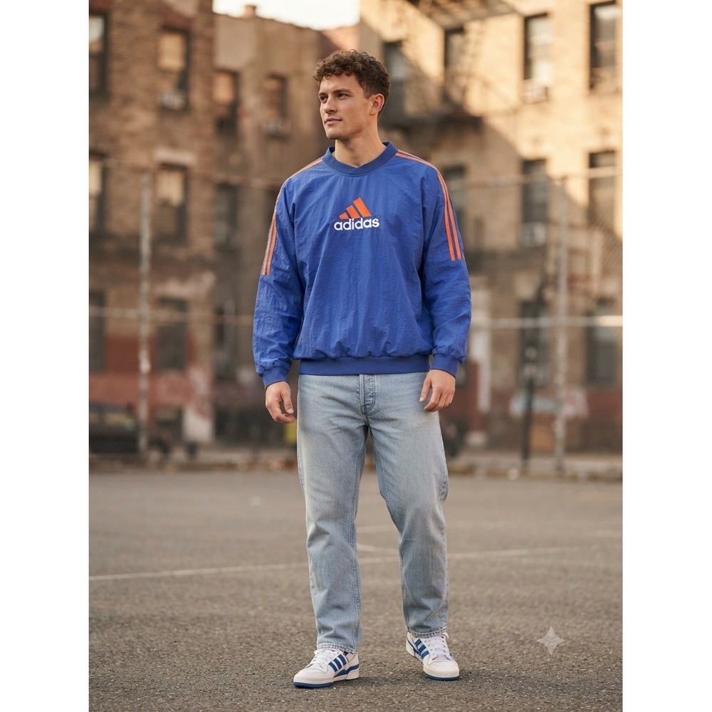 Vintage 90s Adidas Pullover Windbreaker Blue & Orange L  Old School Adidas Crew